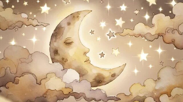 Whimsical Crescent Moon Face with Clouds and Stars, Gentle Night Sky Animation