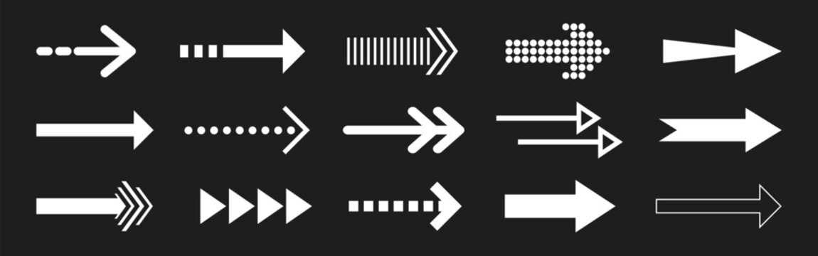 Set of white arrows on a black background. Various arrow designs include dotted, curved, and straight. Arrows pointing right in different styles. Element vector set.