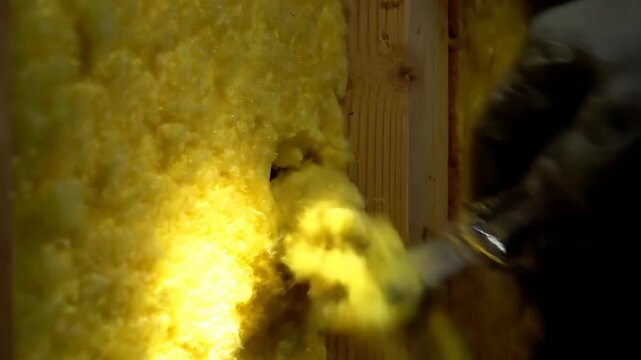 Close-up of a gloved hand using a utility knife to cut vibrant yellow fiberglass insulation fitted between wooden wall studs during construction or renovation work.