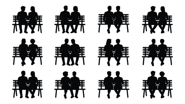 Collection of best friend moments in silhouette people sitting on benches together in various poses black icons on white background