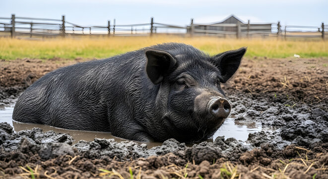Portrait of a black pig lying in a mud bath with a wooden fence and field in the background