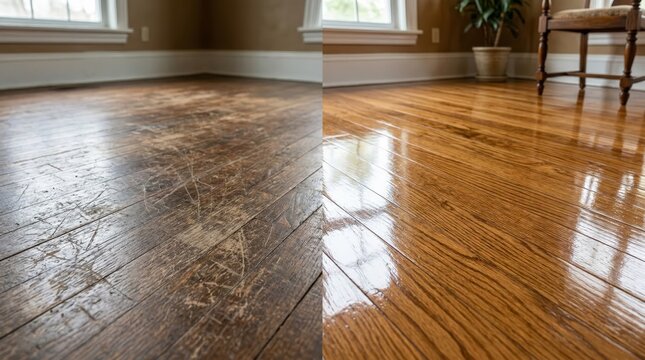 Hardwood floor restoration comparison before and after in residential room
