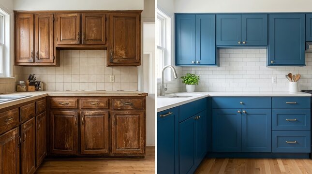 Kitchen renovation comparison showing old wood and blue cabinets