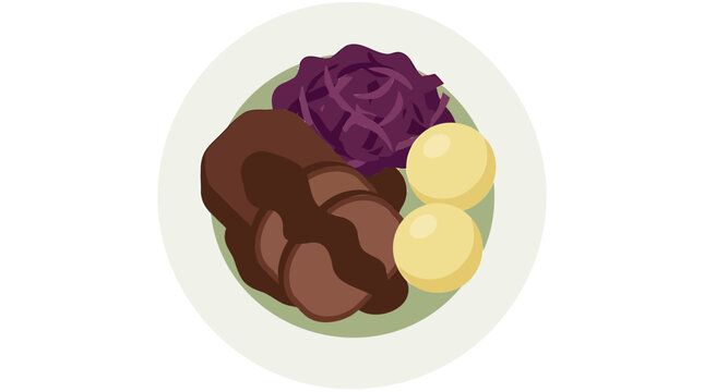A plate of roasted meat with purple cabbage and potatoes is served on a table indoors.
