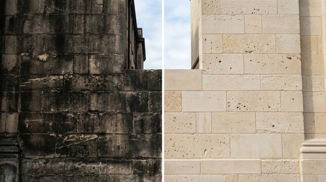 Stone building wall cleaning before and after restoration process