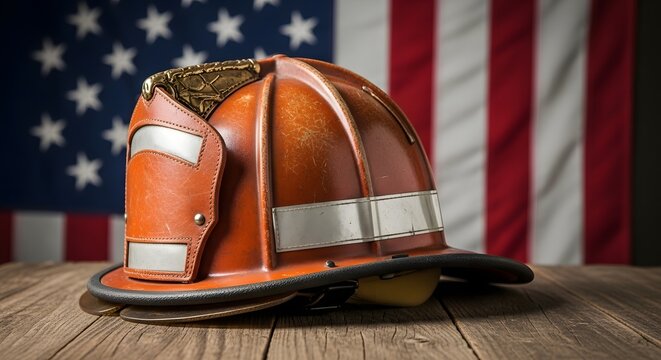 Firefighter helmet in front of american flag