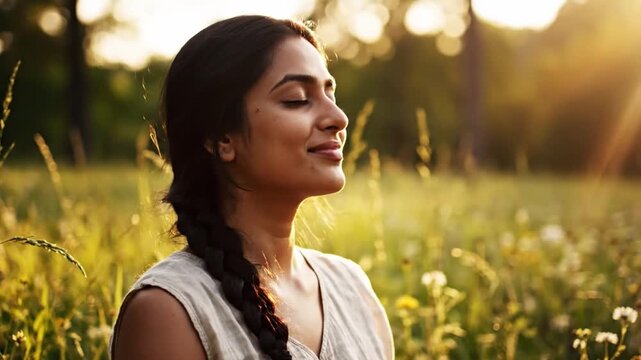 Young woman with black hair braid sitting outdoors green grass sunlight, peaceful and relaxed summer nature, enjoying serene meadow, eyes closed, calm and tranquil, embracing wellness, mindfulness