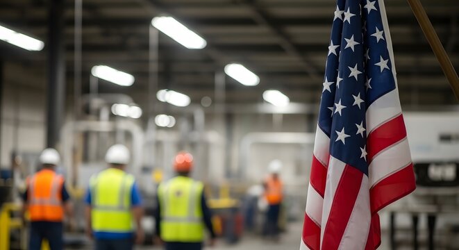 American flag in a construction or industrial setting with workers