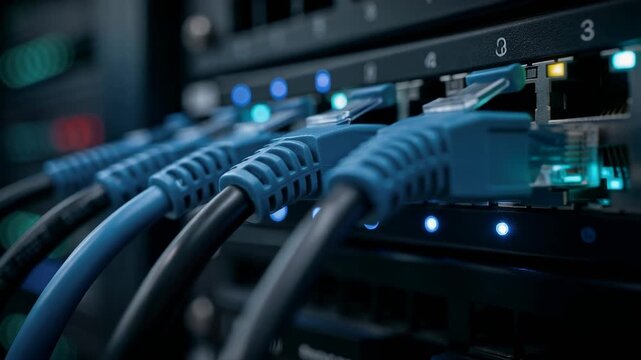 Close up of blue network cables plugged into a server switch with glowing connection lights in data center