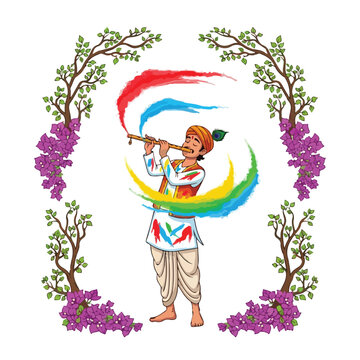 Hindu holy man playing flute. Colorful swirls around him. Traditional Indian clothing. Wearing dhoti and turban. Surrounded by purple flowers and green leaves. Vector illustration on white