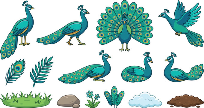 Cute Cartoon Peacock Character Set with Feathers Grass Flowers Vector Illustration