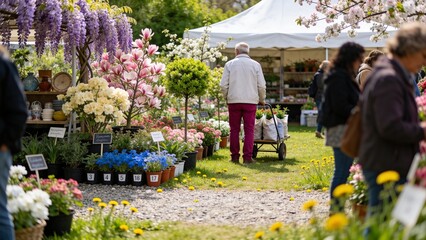 Obraz premium Outdoor plant nursery with blooming flowers, potted plants and customers shopping at a garden market. Spring gardening, horticulture and seasonal retail.