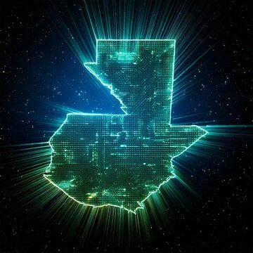 A glowing digital outline map of Guatemala shines against a dark background. The map features intricate circuit board patterns in shades of cyan and green.Adventure concept.