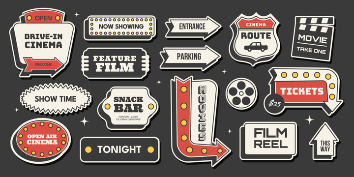 Retro cinema sticker set with drive in signs, arrows, tickets, movie, film reel in vintage 1950s Americana style. Classic vector illustration for film, entertainment