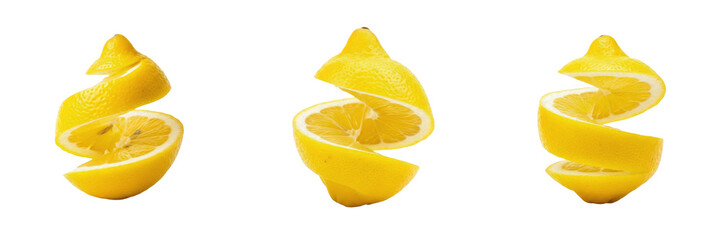 Set of fresh yellow lemon slices spiral cut and levitating isolated on transparent png background oil paint