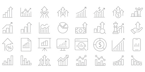 Obraz premium Growing bar graph icon set. Business graphs and charts icons. Statistics and analytics vector icon. Statistic and data, charts diagrams, money, down or up arrow Growth icon set. Containing arrow up