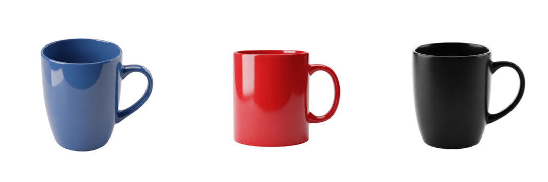 Set of colorful ceramic coffee mugs blue red and black cups isolated on transparent png background oil paint
