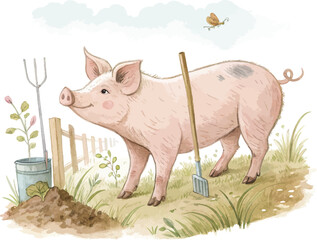 Fototapeta premium Watercolor Pig Painting, Farm Animal vector illustration isolated on white background