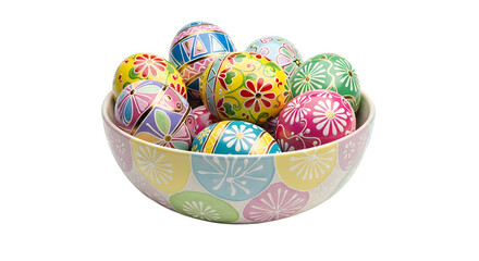 Colorful patterned easter eggs in bowl isolated on transparent background