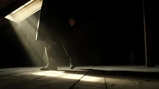 Mysterious figure walks across a dusty attic floor illuminated dramatically by a single bright shaft of sunlight streaming through a small skylight overhead.