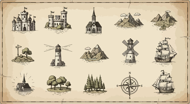Set of 15 Hand-Drawn Vintage Map Elements Vector Icons