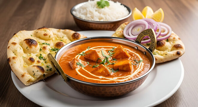 Rich and creamy paneer butter masala curry served with fluffy naan bread and basmati rice on a white plate.