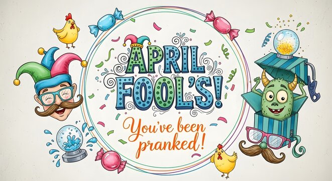 Colorful illustration of april fools day prank with jester and green creature on beige background