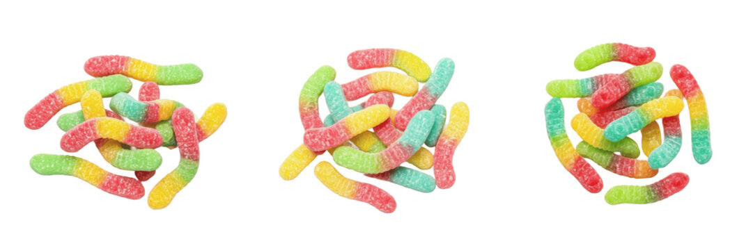 Set of colorful gummy worms candies with sugar coating isolated on transparent png background oil paint
