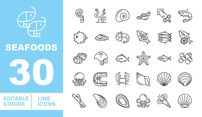 Ocean Marine Life & Seafood Market Icons. Editable stroke vector icons for culinary and aquatic themes. Featuring octopus tentacles, seashells, crabs, prawns, fish steaks, and various sea creatures © Neko funny