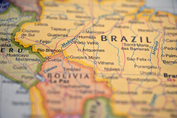 Naklejka premium Ariquemes Brazil Close Up Macro World Map Bokeh Background Geographic Image
