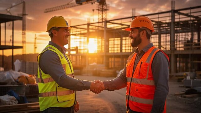Construction workers shaking hands on building site during sunset teamwork and collaboration