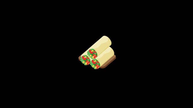 Isometric illustration of two delicious burritos filled with fresh vegetables, served on a rustic wooden board.