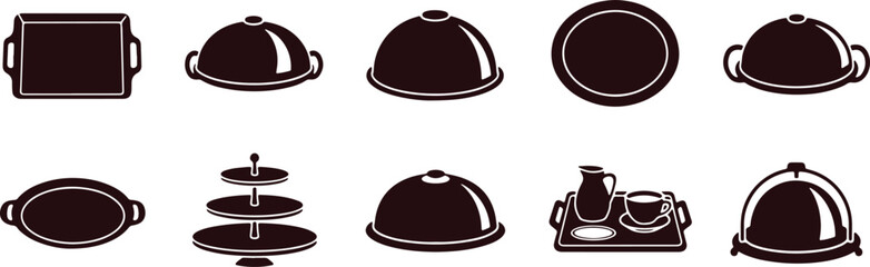 Fototapeta premium Assorted black and white line drawings of classic kitchen and dining serving items
