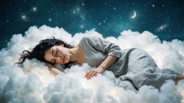 Serene slumber on celestial clouds under a star-dusted night sky with a crescent moon