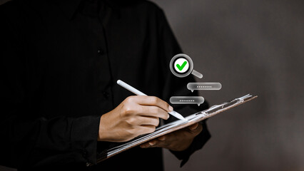 Professional using stylus on clipboard with virtual verified magnifying glass and chat icons.