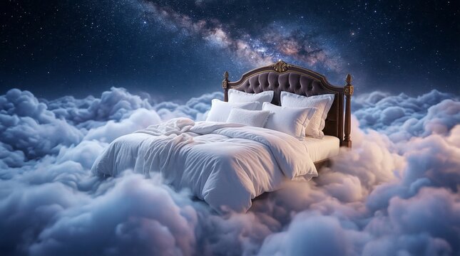 Dreamscape of slumber on ethereal clouds beneath a starry cosmic expanse