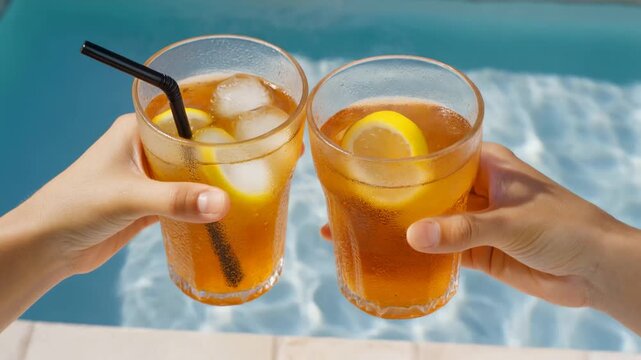 Refreshing iced tea drinks with lemon slices by the pool on a sunny day