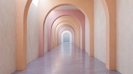 Obraz premium Serene pastel corridor with repeating archways leading to a bright, ethereal distant light source