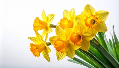 Obraz premium Vibrant yellow daffodils in full bloom with green foliage, perfect spring floral background, macro shot of narcissus flowers on white background for nature and spring themes