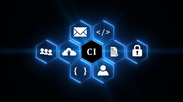 CI acronym in glowing neon square surrounded by business and finance icons on dark background.4k video