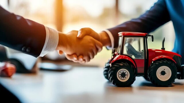 Close up of businessmen shaking hands over toy red tractor on office desk. Concept of agribusiness deal and farm equipment investment