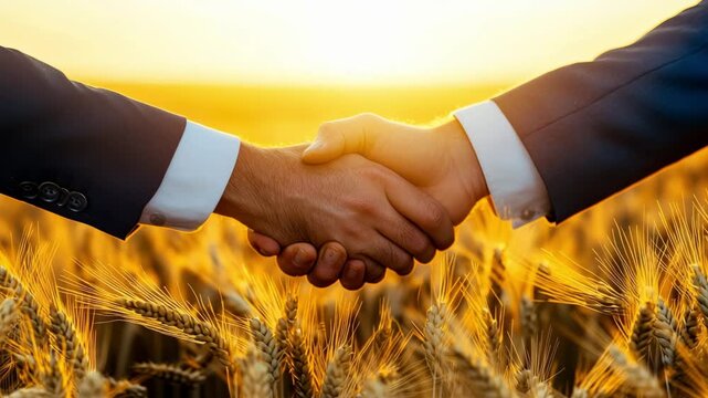 Two businessmen shaking hands over golden wheat field at sunset. Concept of agricultural partnership and successful deal