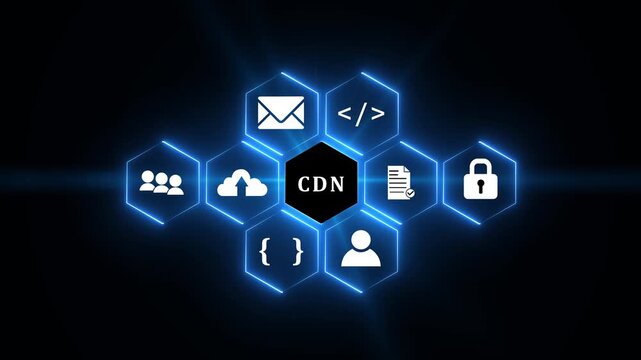 CDN acronym in a glowing neon frame surrounded by business and technology icons on a dark background.4k