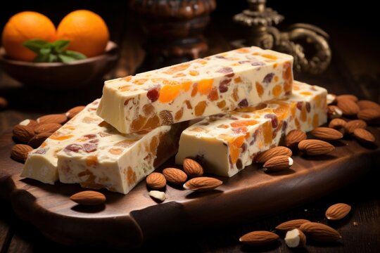 A stack of Italian torrone sits enticingly on a wooden board, adorned with almonds, pecans, and citrus, suggesting a feast of flavors.