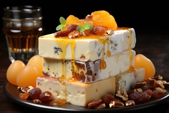 A stack of Italian torrone sits enticingly on a wooden board, adorned with almonds, pecans, and citrus, suggesting a feast of flavors.