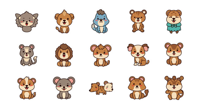 Cute cartoon animal set vector illustration with pets and safari zoo animals icons bear dog cat lion tiger elephant giraffe horse puppy baby