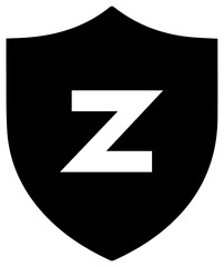 Bold black shield icon with a white letter z inside symbolizing zero trust cybersecurity digital security data protection network defense and access control concepts in a clean