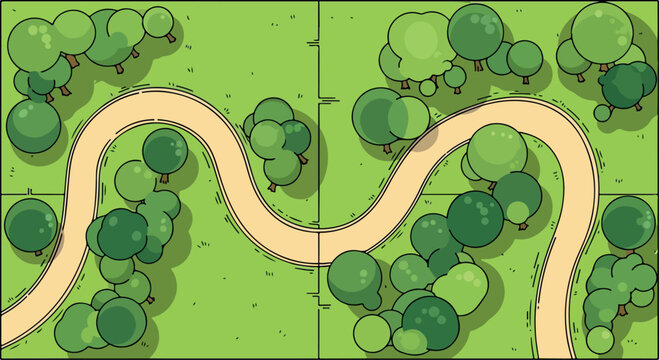 Top-down view of winding dirt path through green trees