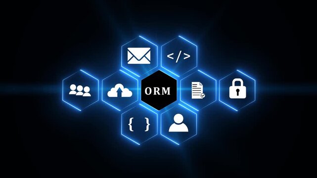 Digital technology concept with ORM acronym in center surrounded by representing security business growth collaboration innovation global reach and efficiency on a dark blurred background.4k