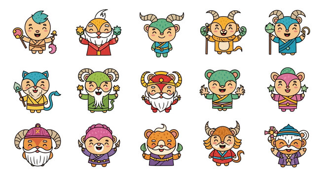 Cartoon animal icon set with cat bear dog lion tiger elephant rabbit pig in vector illustration style for kids zoo seamless pattern design